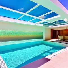 a luxury swimming pool inside a building with a glass sky light, blue water