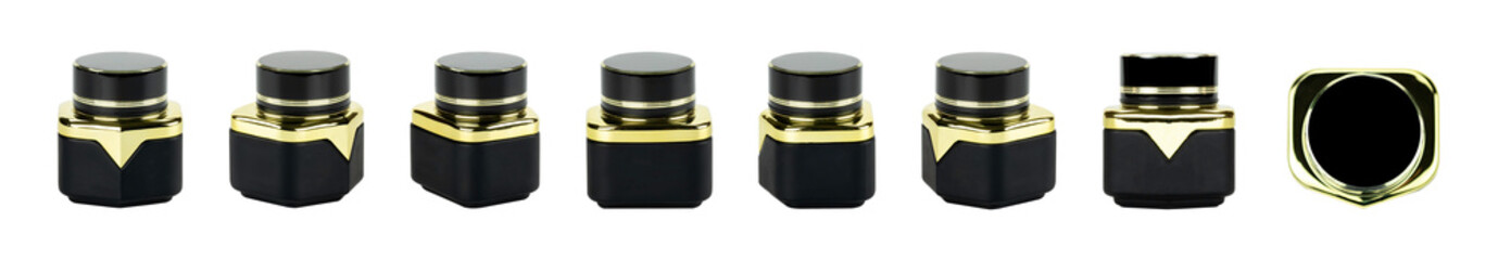 Collection of Black and Gold cosmetic cream jars Isolated on white background with Clipping path.