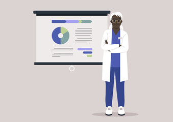 A senior doctor reporting on a medical research, scientific experiment