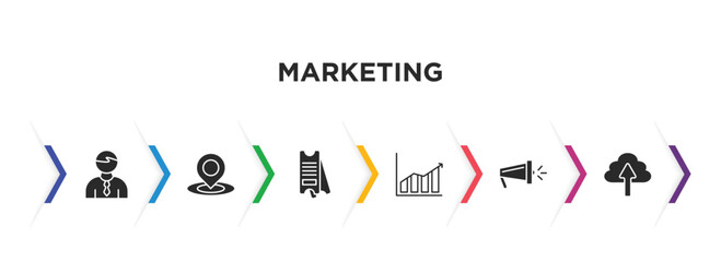 marketing filled icons with infographic template. glyph icons such as salesman, place, eticket, marketing graph, campaign, upload to cloud vector.