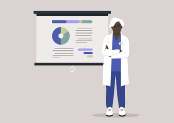 A senior doctor reporting on a medical research, scientific experiment