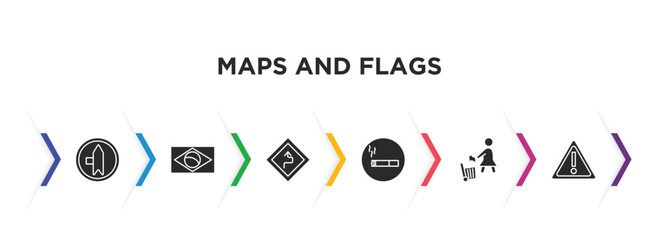 maps and flags filled icons with infographic template. glyph icons such as left side road, square flag, curves ahead, smoke zone, use dust bin, caution vector.