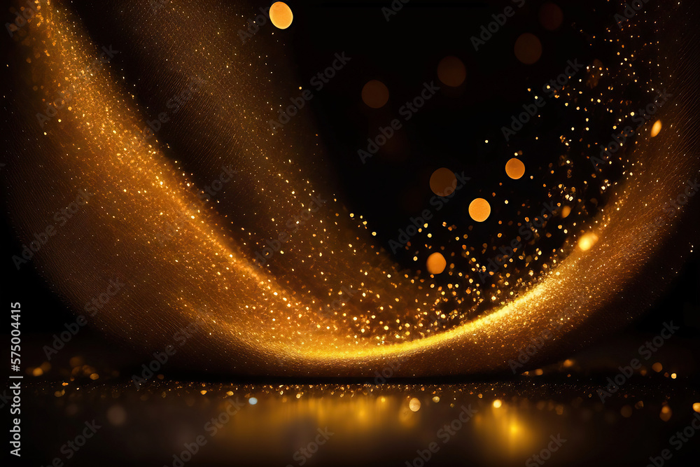 Wall mural Beautiful dark abstract background with wave shaped golden dust splash. AI generated.