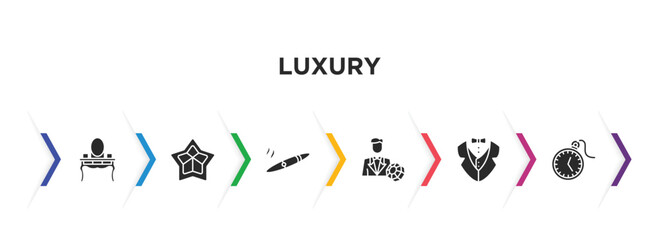 luxury filled icons with infographic template. glyph icons such as dressing table, stars, cigar, rich people, tuxedo, pocket watch vector.