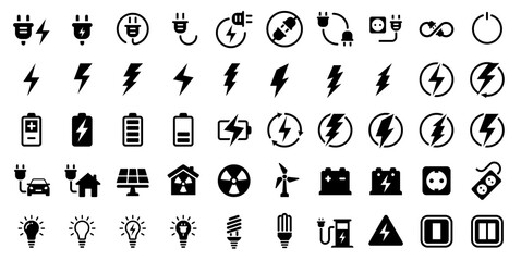 Electricity icons vector set. Set of green energy thin line icons - obrazy, fototapety, plakaty