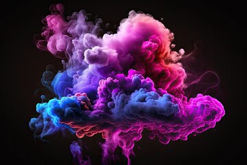 Neon multicolored smoke puff cloud design elements on a dark background. Ai generative.