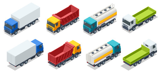 Isometric Petroleum tanker, Dump Truck, Refrigerator truck logistics, land transport. Trucks set isolated realistic vehicles on white background.