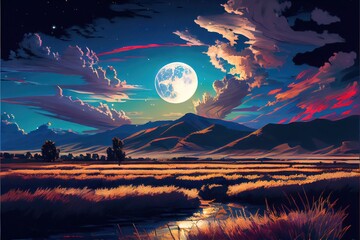 Illustration of landscape with moon and clouds. Generatie AI