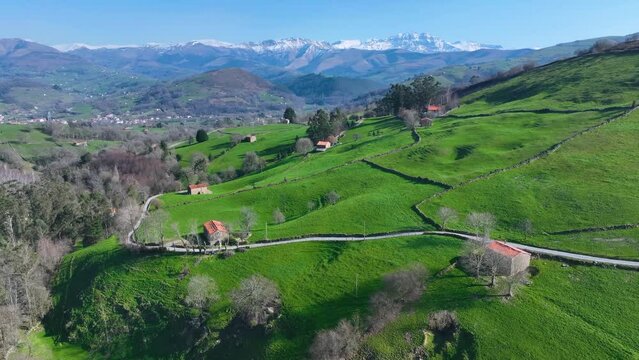 Countryside landscape in winter near Selaya and Las Rozadas. Aerial view from a drone in the Valles Pasiegos in the Autonomous Community of Cantabria, Spain, Europe