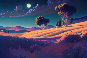 Illustration of landscape with moon and clouds. Generatie AI