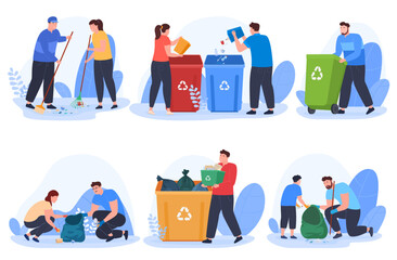 Volunteers clean up the environment. Garbage sorting. Preservation of the environment. Vector illustration