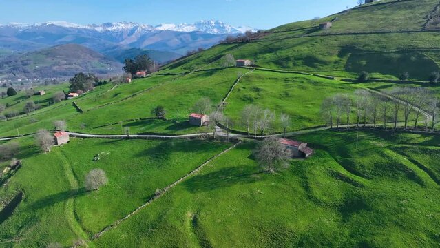Countryside landscape in winter near Selaya and Las Rozadas. Aerial view from a drone in the Valles Pasiegos in the Autonomous Community of Cantabria, Spain, Europe