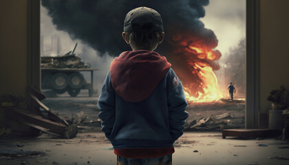 A boy standing and looking at a bomb exploding in the distance during a war, made with generative ai