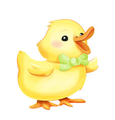 Cute baby duck. Yellow bird in green bow, chicken. Toy or mascot. Charming character for invitation and greeting postcards. Rubber yellow toy. Cartoon flat vector illustration