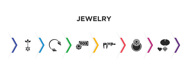 Fototapeta na wymiar jewelry filled icons with infographic template. glyph icons such as belly piercing, piercing, pawn shop, measurement, jewelry, locket vector.