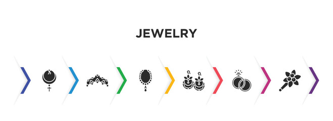 jewelry filled icons with infographic template. glyph icons such as anj, tiara, pearl necklace, earring, engagement, brooch vector.