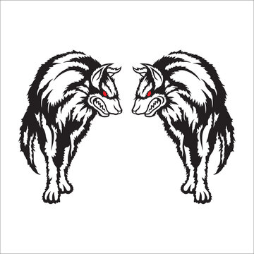 vector of two wolves in black and white colors can be used as graphic design