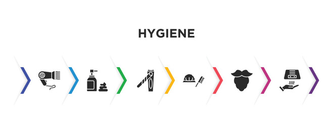 hygiene filled icons with infographic template. glyph icons such as dryer, shaving gel, nail clippers, shower cap, beardy, drying hands vector.