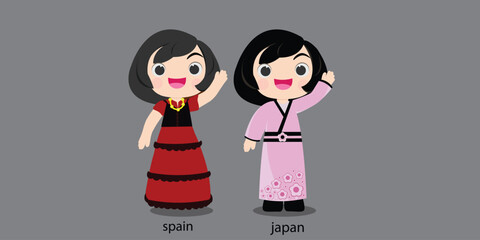 Spanish in national dress with a flag.  woman in traditional costume. Travel to japan. People. Vector flat illustration.