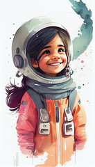 Watercolor Universe: Young Girl's Astronaut Adventure Inspires Exploration of Outer Space and Astrology Studies. Women's empowerment. Generative AI