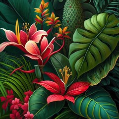 "Tropical Oasis": This image showcases a lush tropical oasis, featuring exotic plants and flowers. The vibrant colors and intricate details transport the viewer to a tropical paradise. Generative ai.