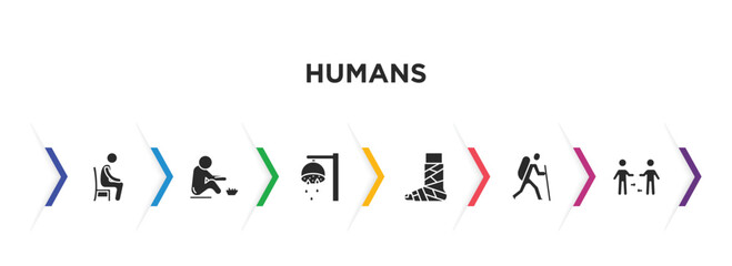 humans filled icons with infographic template. glyph icons such as sitting down, begging, showering, broken leg, man in hike, people trading vector.