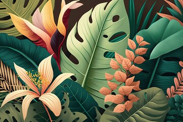 "Tropical Oasis": This image showcases a lush tropical oasis, featuring exotic plants and flowers. The vibrant colors and intricate details transport the viewer to a tropical paradise. Generative ai.