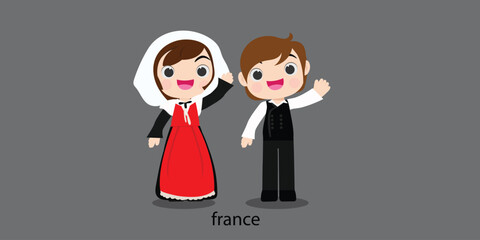 Obraz na płótnie Canvas france republc in national dress with a flag. Man and woman boy in traditional costume. Travel france . People.illustrationa