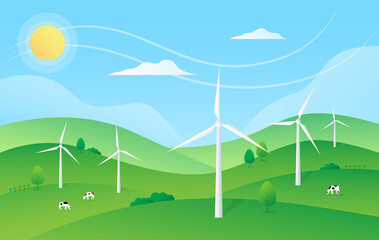 Renewable energy, ESG concept. Green landscape with wind turbines. Gradient. Cute illustration