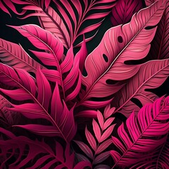 generative ai of bright pink leaves on dark background. 2D illustration style.