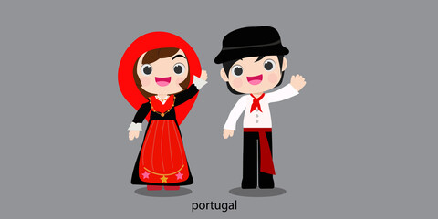 Obraz na płótnie Canvas portugal republc in national dress with a flag. Man and woman boy in traditional costume. Travel portugal. People.illustrationa