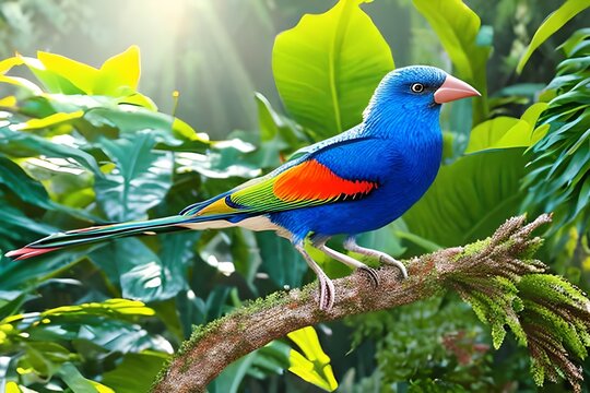 Bright exotic bird in a tropical garden, sunlight. Generative AI