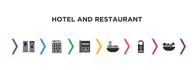 hotel and restaurant filled icons with infographic template. glyph icons such as checkroom, hostel, menu, spaghetti, door hanger, vegetarian vector.