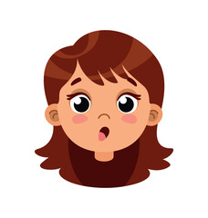 Surprised girl head for animation. Little schoolgirl with open mouth, emotions and feelings, mood. Character in shock, body part and constructor for creating video. Cartoon flat vector illustration