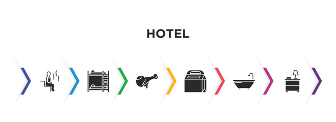 hotel filled icons with infographic template. glyph icons such as sauna, bunk bed, fried chicken, take away, bathtub, nightstand vector.