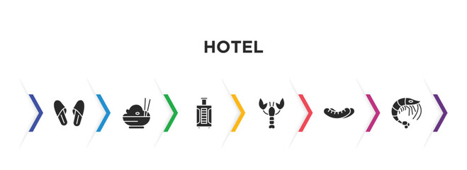 hotel filled icons with infographic template. glyph icons such as slippers, rice, luggage, lobster, sausage, shrimp vector.
