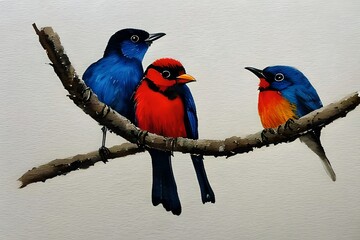 Watercolor painting. Two small birds on a branch on a white background. Generative AI