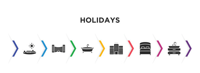 holidays filled icons with infographic template. glyph icons such as sunbathing, hotel building, bathtube, hotels, bed, basin vector.