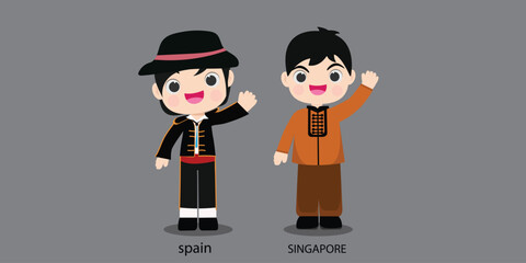 spain republc in national dress with a flag. Mal and  boy in traditional costume. Travel czeech singapore. People.illustrationa