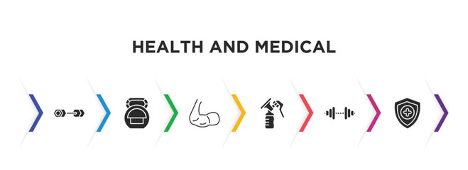 health and medical filled icons with infographic template. glyph icons such as dumbbell, kettlebell, biceps, breast pump, dumbbells, medical shield vector.