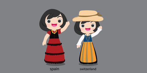 Spanish in national dress with a flag.  woman in traditional costume. Travel to switzerland. People. Vector flat illustration.