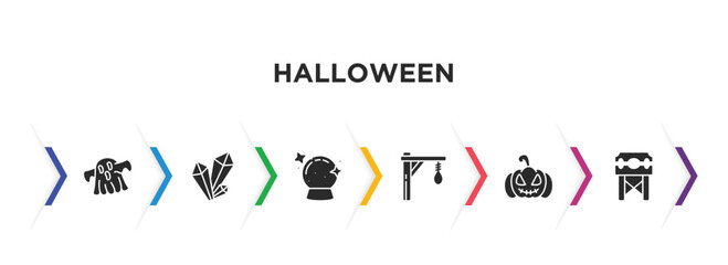 halloween filled icons with infographic template. glyph icons such as halloween ghost, crystals, future, gallows, pumpkin lantern, pillory vector.