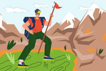 Woman tourist explorer in mountains, flat vector illustration. Discovery and exploration, tourism and hiking banner. Climbing, mountaineering and travel.