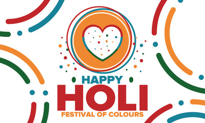 Happy Holi. Festival of Colours. Phagwah. Annual Hindu Spring Festival. Celebrated in India and Nepal and other Asia. Beautiful poster design with heart. Vector illustration