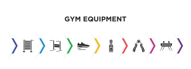 gym equipment filled icons with infographic template. glyph icons such as swedish wall, gym bars, sneakers, water hine, hand grip, vaulting horse vector.