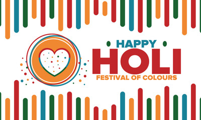 Happy Holi. Festival of Colours. Phagwah. Annual Hindu Spring Festival. Celebrated in India and Nepal and other Asia. Beautiful poster design with heart. Vector illustration