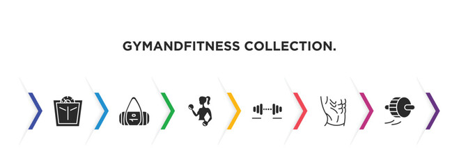 Fototapeta na wymiar gymandfitness collection. filled icons with infographic template. glyph icons such as scale, sport bag, fitness, workout, press, roller vector.