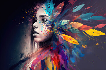 portrait of a beautiful woman with painted face and colorful feathers, abstract colorful makeup, generative ai