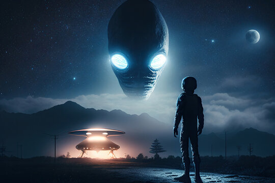 Flying saucer flies at night in sky over silhouette of man standing in field. Invasion of extraterrestrial intelligence on an intergalactic ship. Alien abduction. Created with Generative AI