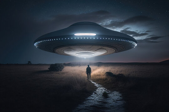 Flying saucer flies at night in sky over silhouette of man standing in field. Invasion of extraterrestrial intelligence on an intergalactic ship. Alien abduction. Created with Generative AI